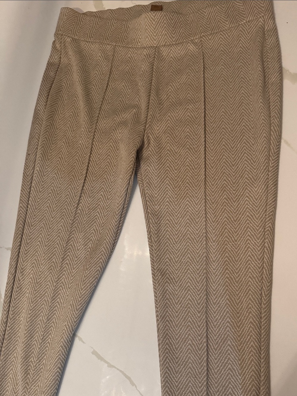 Beige Herringbone Knit Tapered Pants